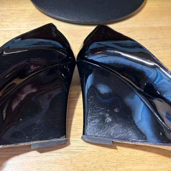 Women Jimmy Choo Baxen Black Patent Leather Peep Toe Wedge Pumps Heels 36 US/6